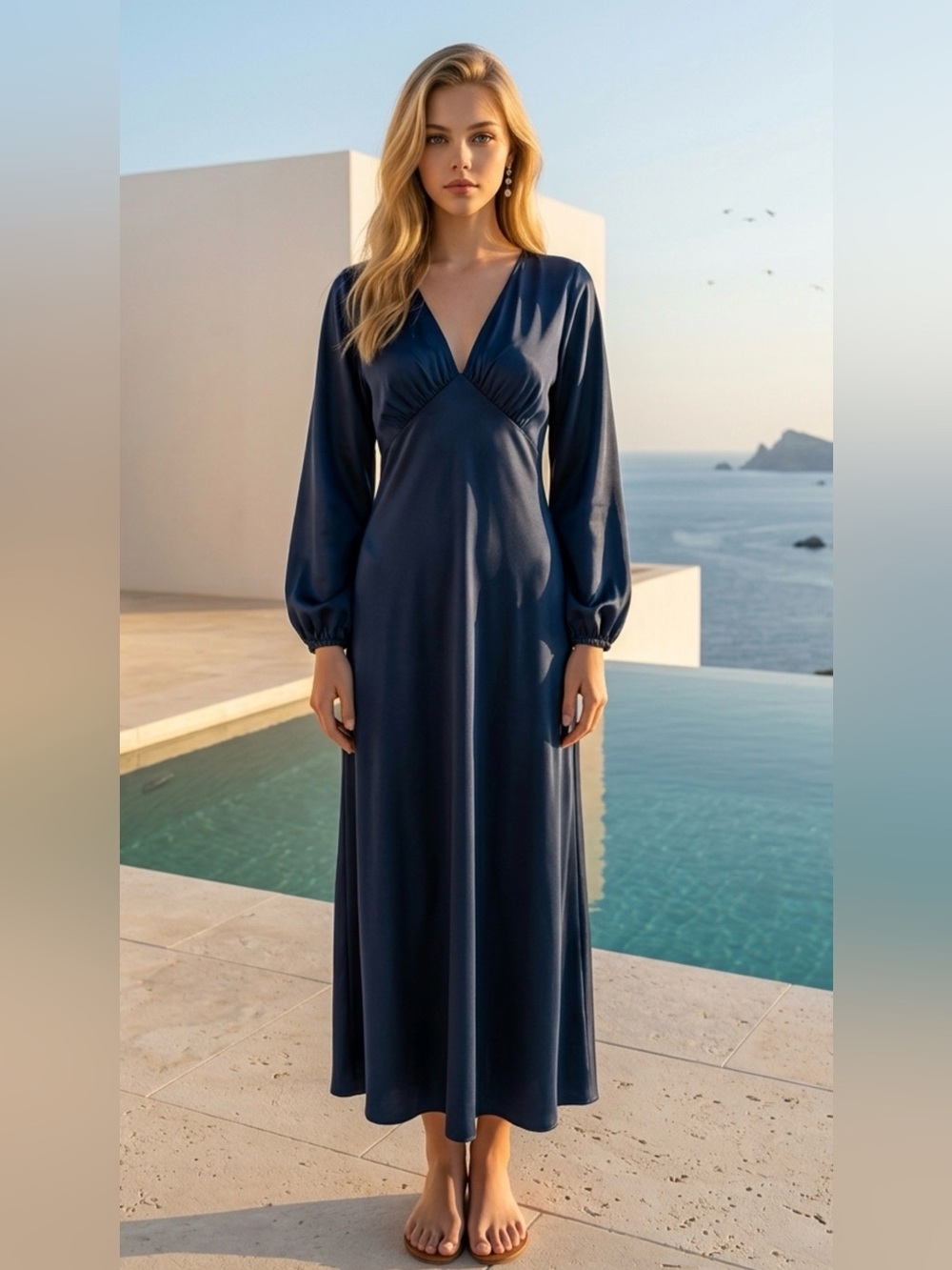 Banana Republic Navy Long Sleeve V-Neck Maxi Dress